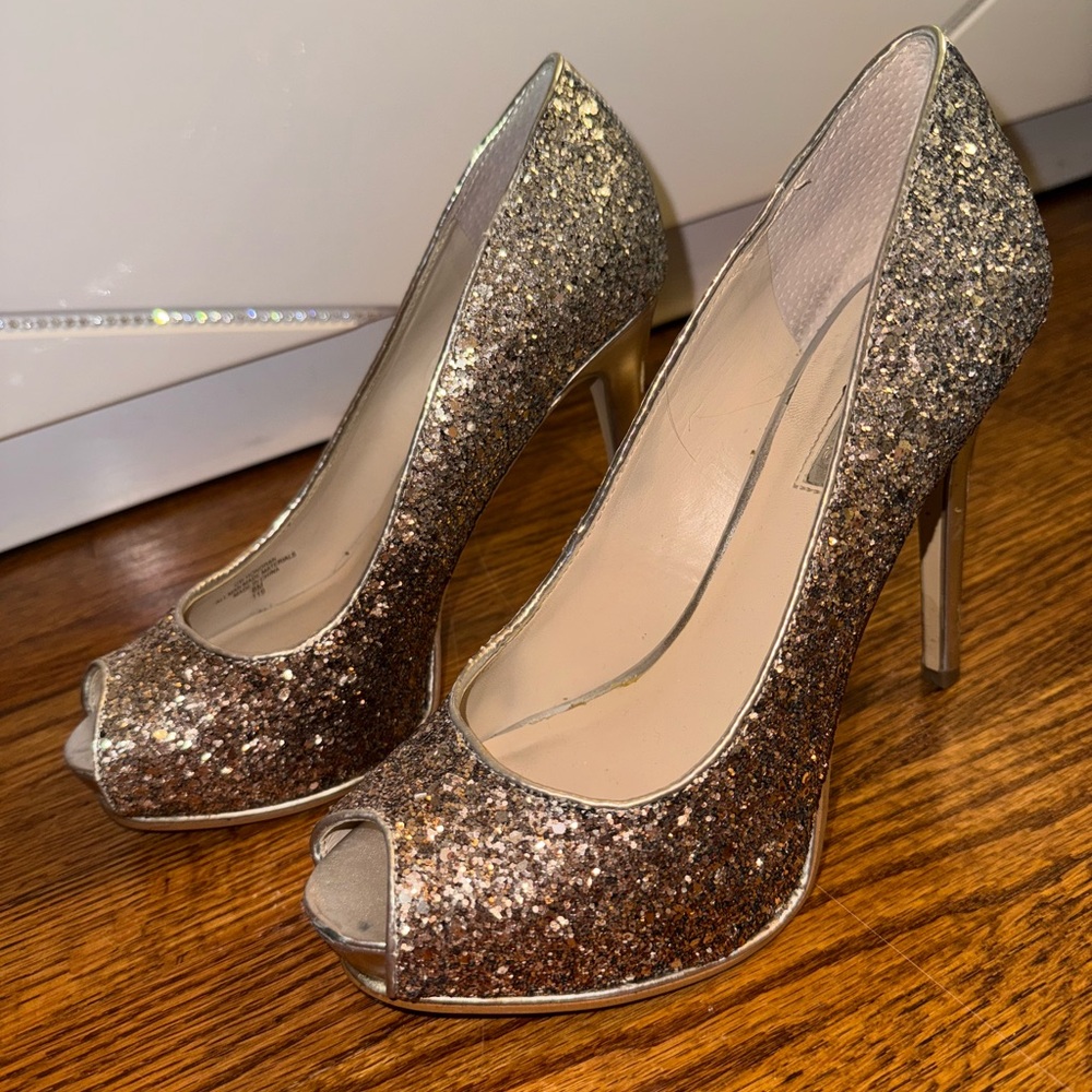 Guess Gold and Silver Glitter Heels for Special Occasions